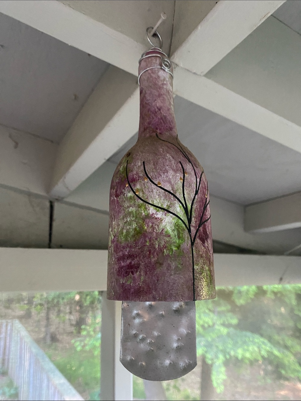 Artisan Purple and Green Hand-Painted Glass Bell chime hand pounded metal